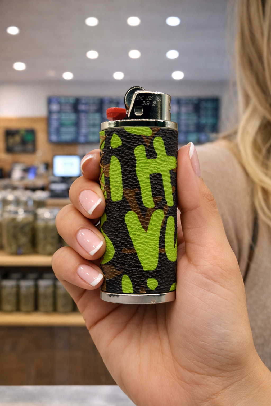 Green Graffiti Writing on Brown Leather, Premium Quality Case